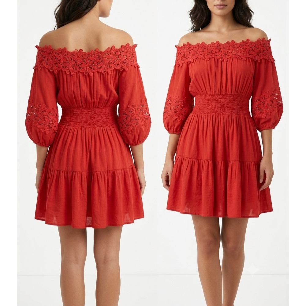 Gianni Bini Fit & Flare Dress Womens XS Red Floral Lace Off-The-Shoulder Smocked